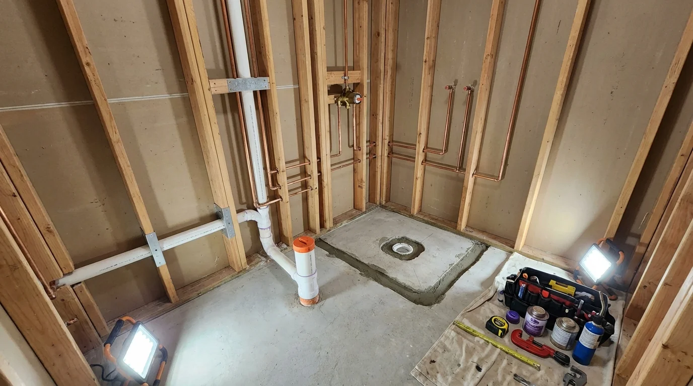Bathroom rough-in plumbing during remodel by Johns Plumbing LLC in Black Earth