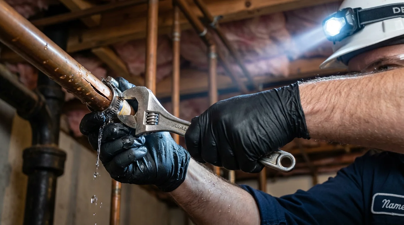 Emergency pipe clamp repair being performed by a Johns Plumbing LLC plumber in Black Earth