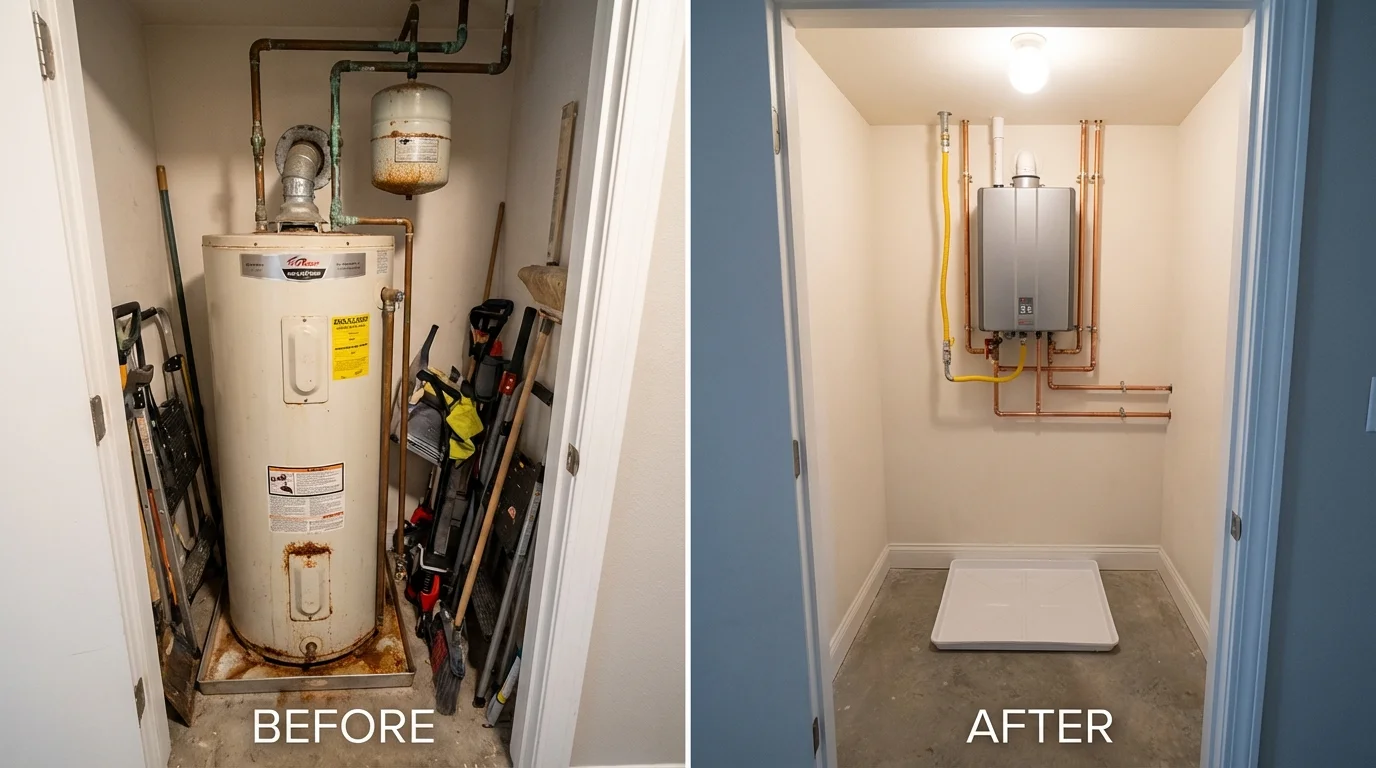 Tank water heater versus wall-mounted tankless unit comparison for Black Earth, WI homeowners