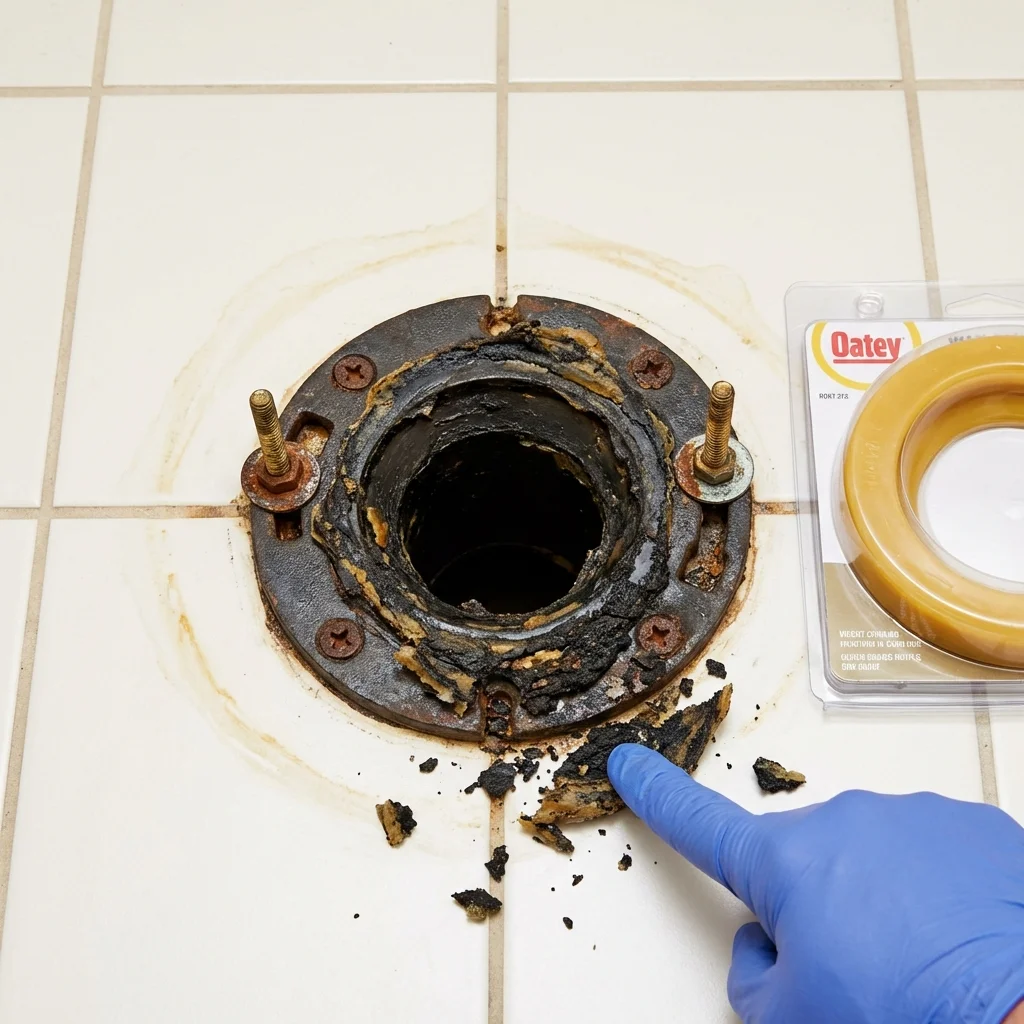 Failed wax ring showing water seepage at the base of a toilet in a Black Earth, WI home