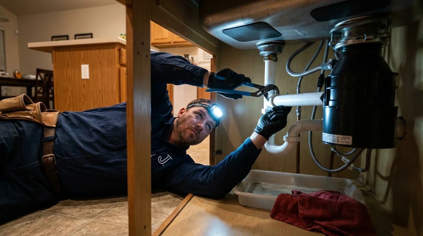 P-trap and supply line connections under a kitchen sink showing a common leak point in Black Earth, WI
